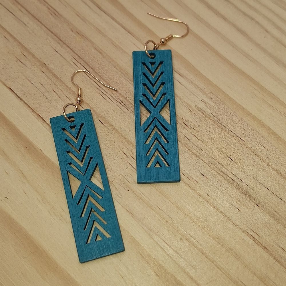 Teal Geometricrectangle Wood  Earrings